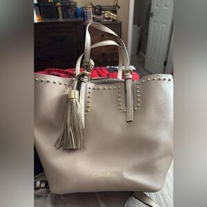 Calvin Klein Beige Studded Tote with Tassel
